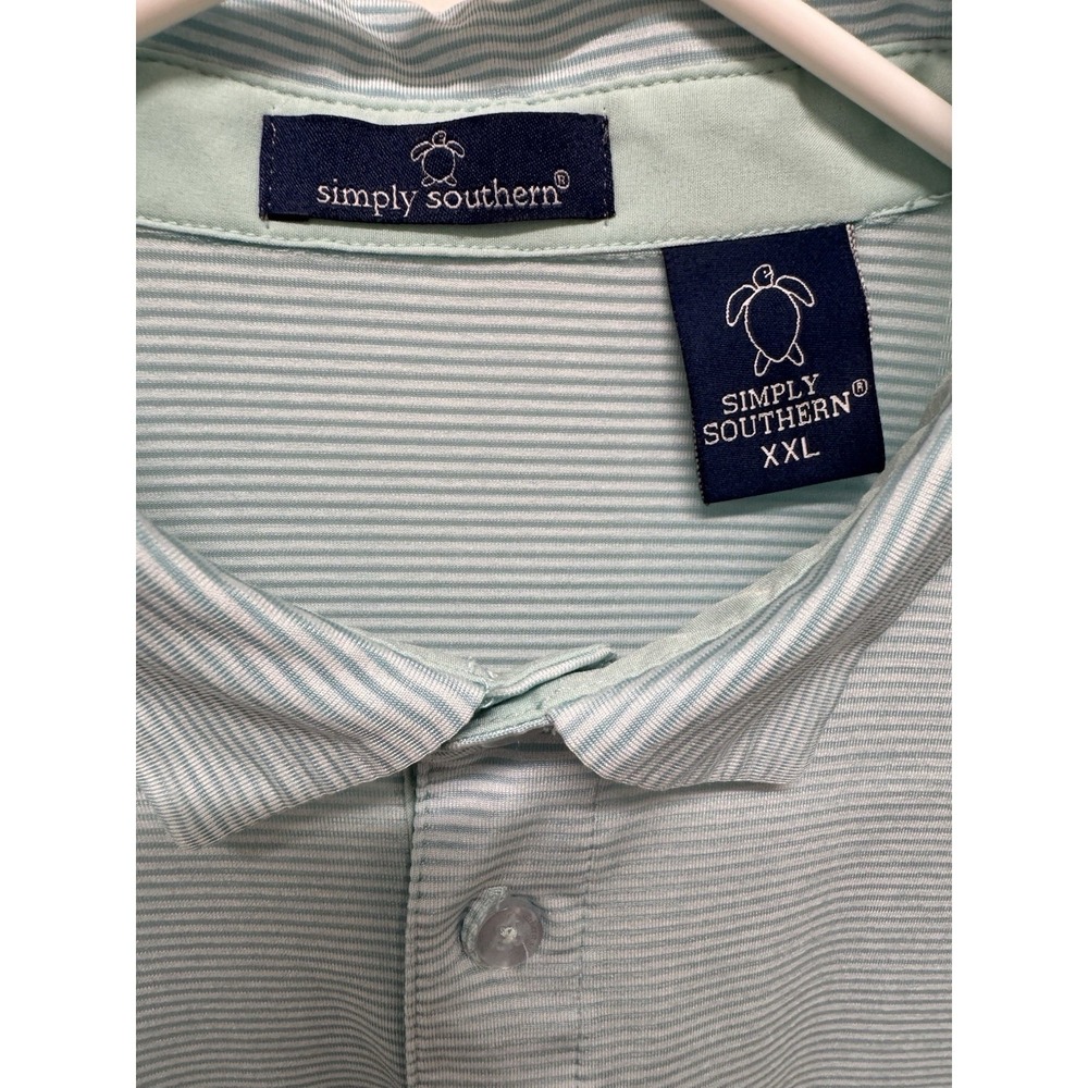 Simply Southern Mens XXL Performance Polo Shirt Aqua Blue Striped Turtle Logo - Picture 3 of 9